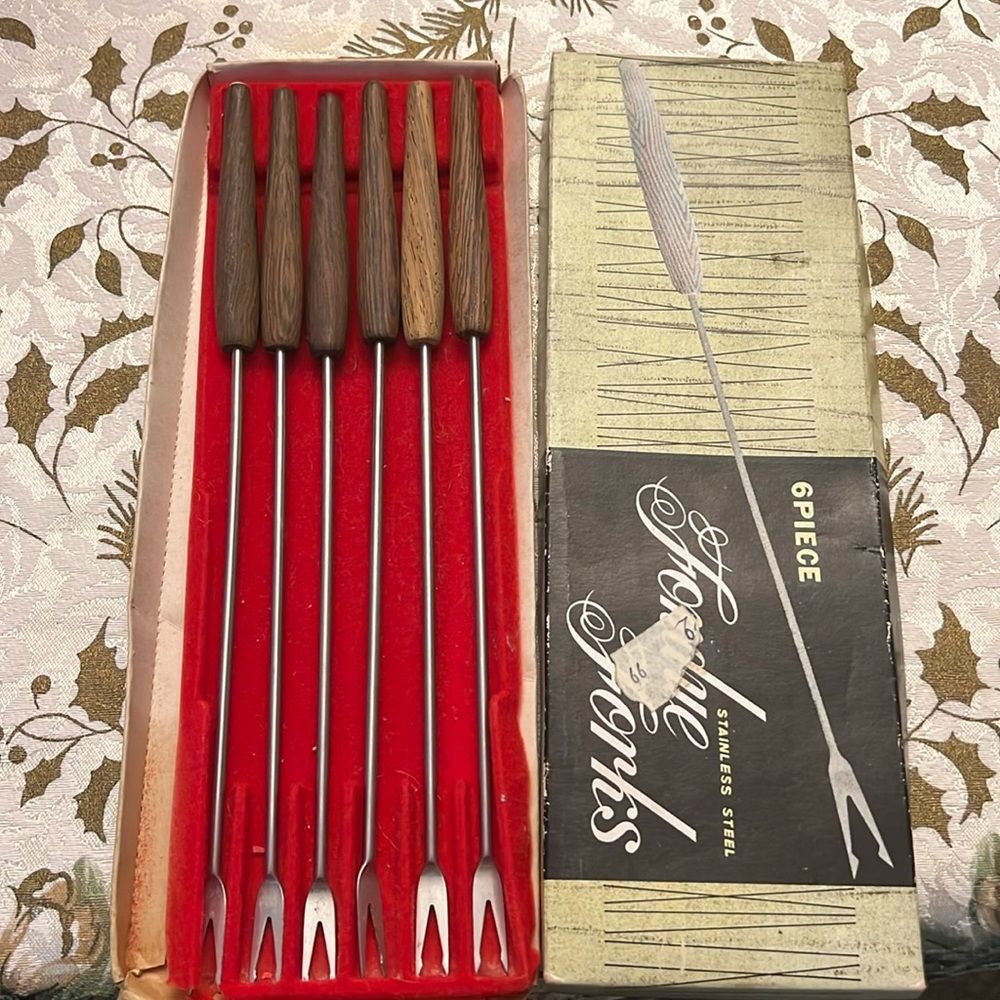 Stainless steel Fondue Forks 2 Prong Wood Handles with colored tip Mid Century